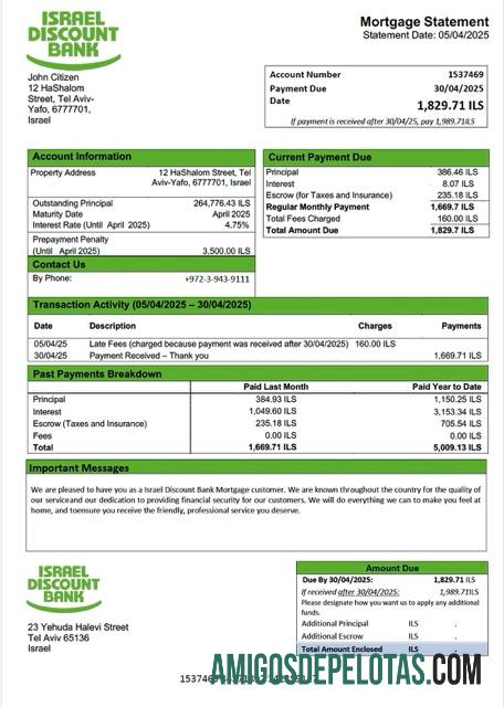 imprimível Modelo Word e PDF de extrato de hipoteca bancária com desconto em Israel